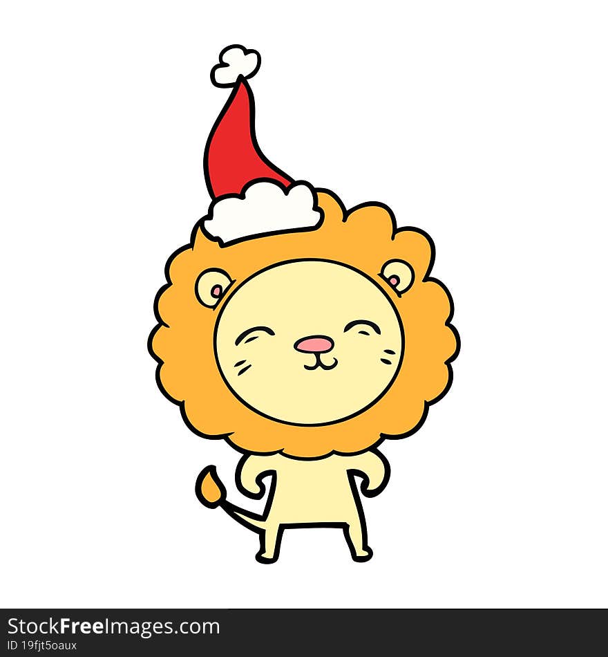 hand drawn line drawing of a lion wearing santa hat