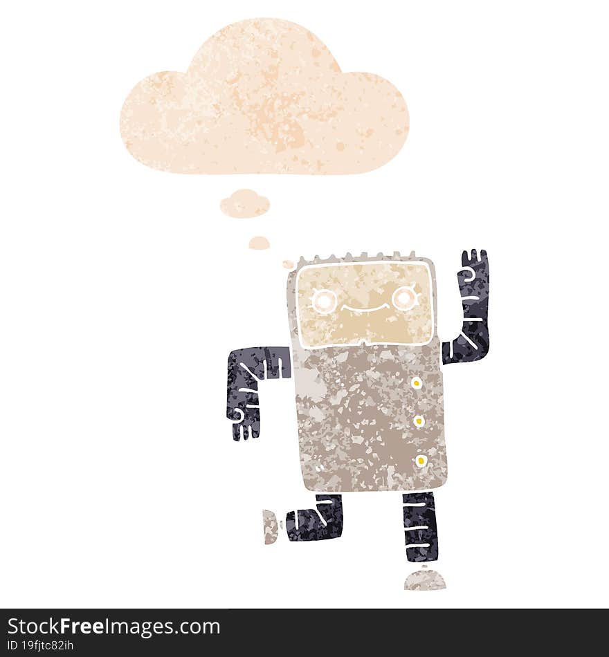 cartoon robot with thought bubble in grunge distressed retro textured style. cartoon robot with thought bubble in grunge distressed retro textured style