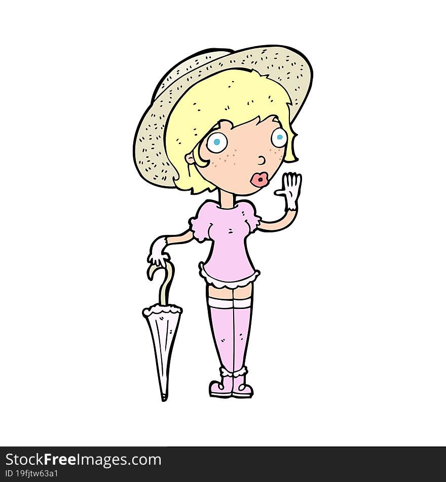 cartoon woman in summer hat waving