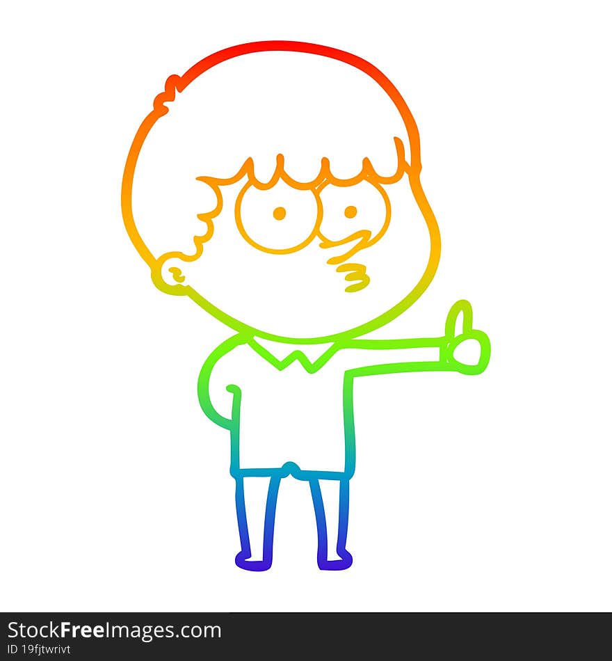 rainbow gradient line drawing of a cartoon curious boy giving thumbs up sign