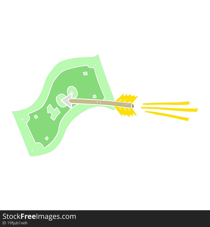 flat color illustration of a cartoon flying arrow hitting money note