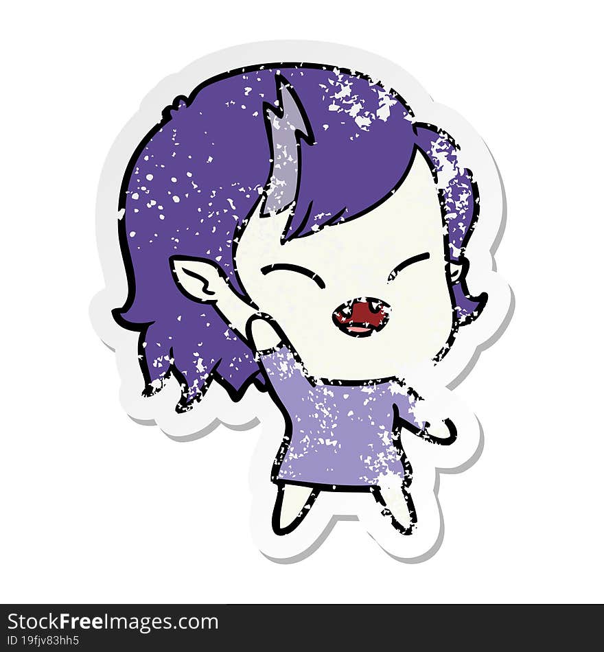 distressed sticker of a cartoon laughing vampire girl waving