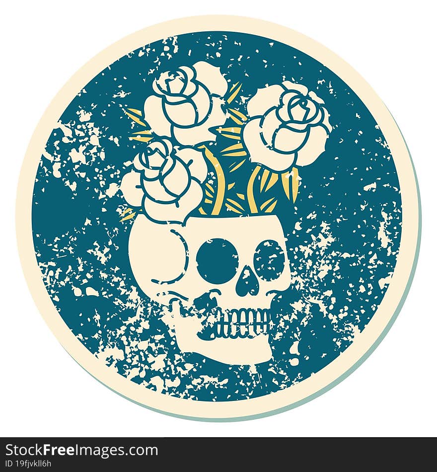 distressed sticker tattoo style icon of a skull and roses