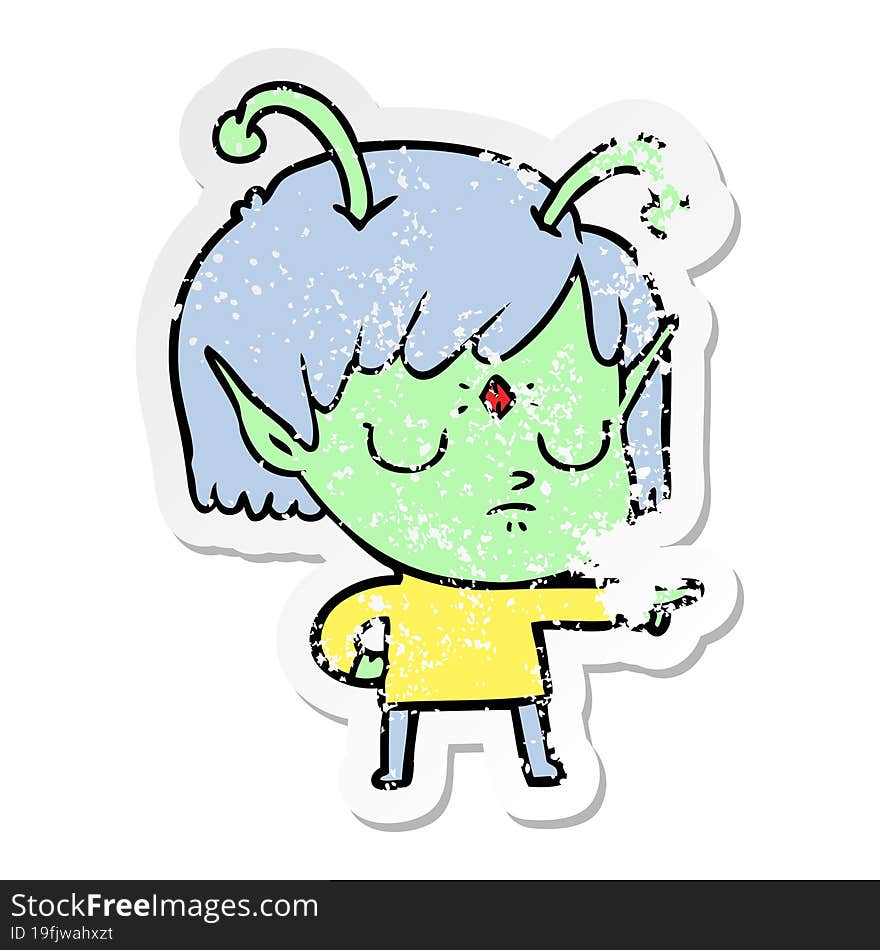 distressed sticker of a cartoon alien girl