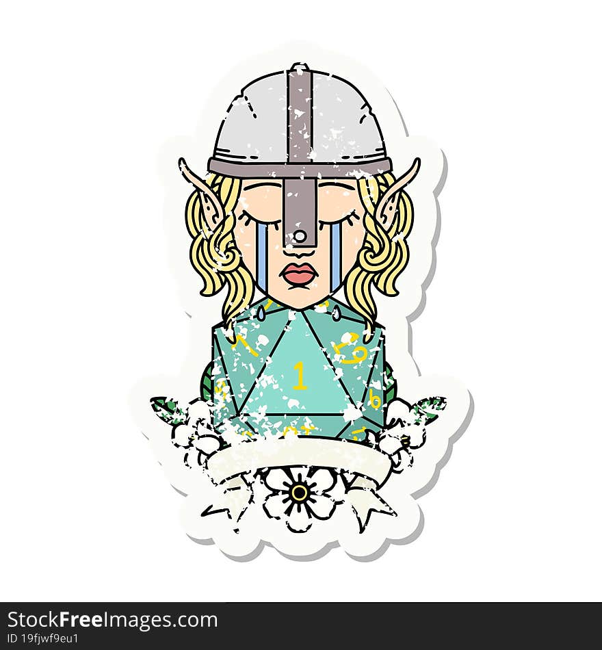 crying elf fighter character face with natural one D20 roll illustration