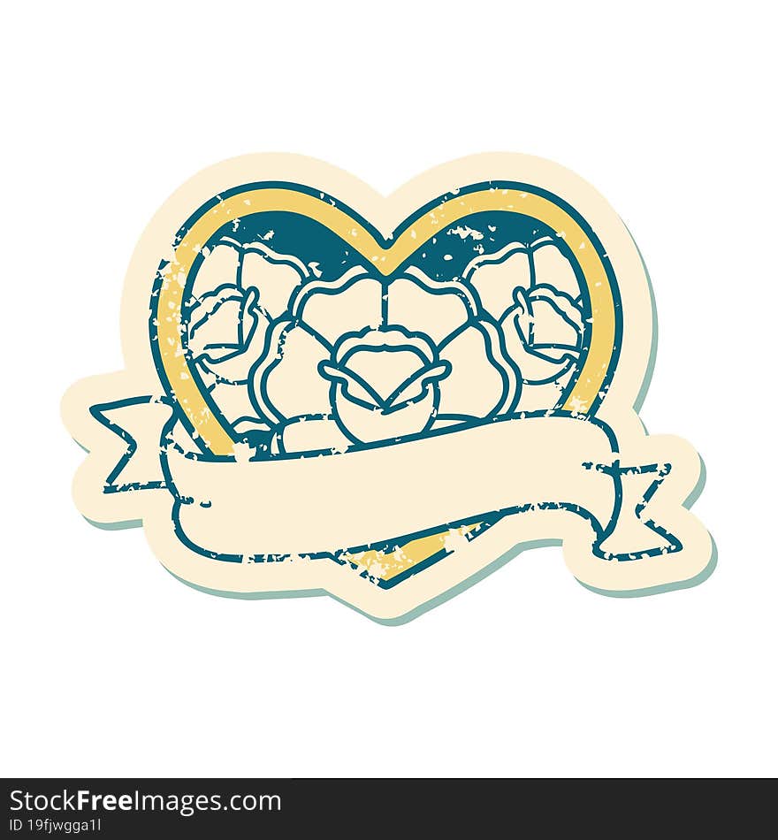 iconic distressed sticker tattoo style image of a heart and banner with flowers. iconic distressed sticker tattoo style image of a heart and banner with flowers