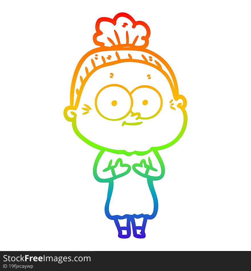 rainbow gradient line drawing of a cartoon happy old woman