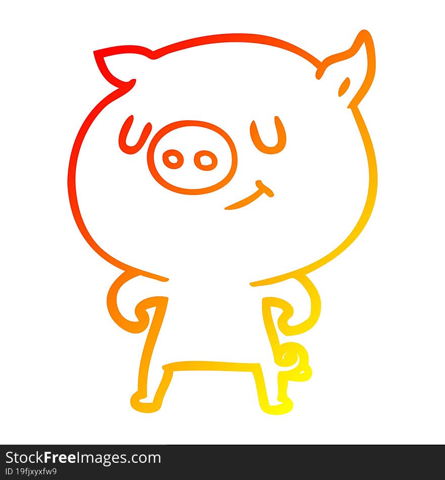 warm gradient line drawing of a happy cartoon pig