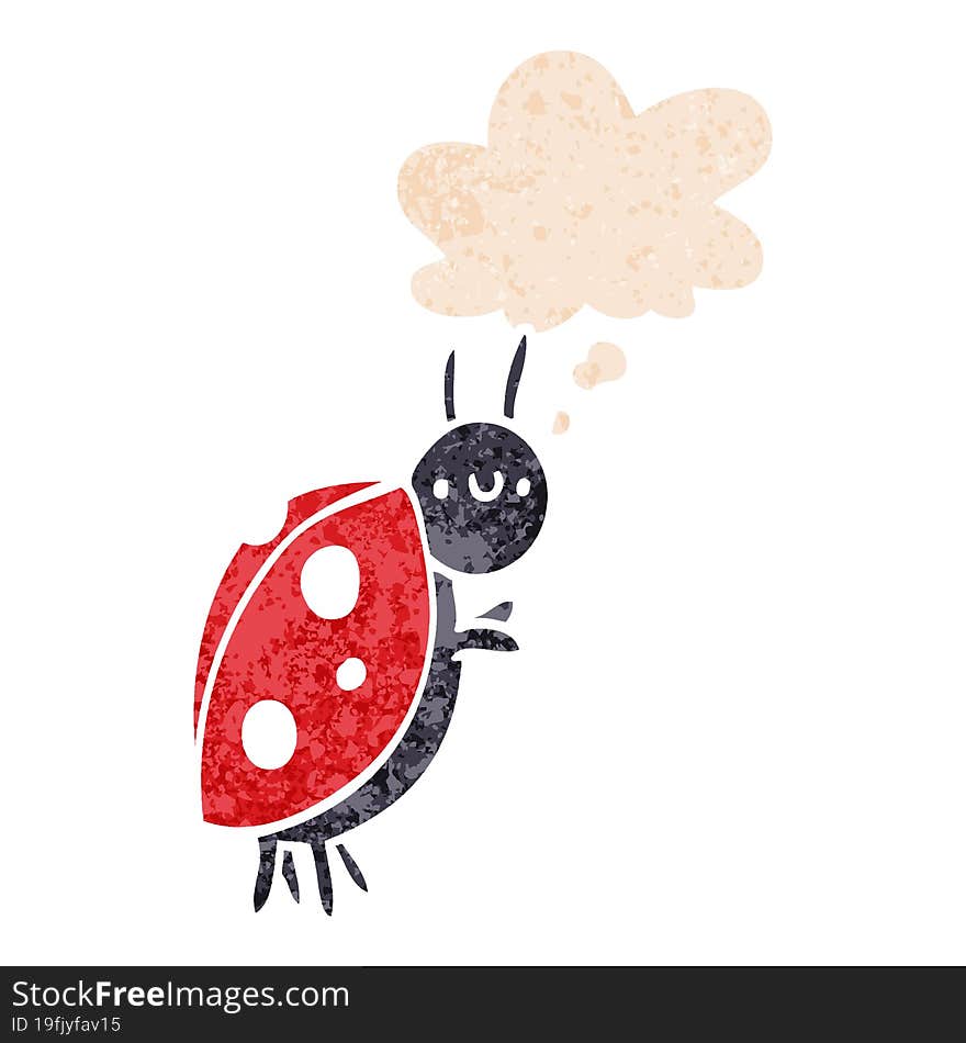 cartoon ladybug and thought bubble in retro textured style