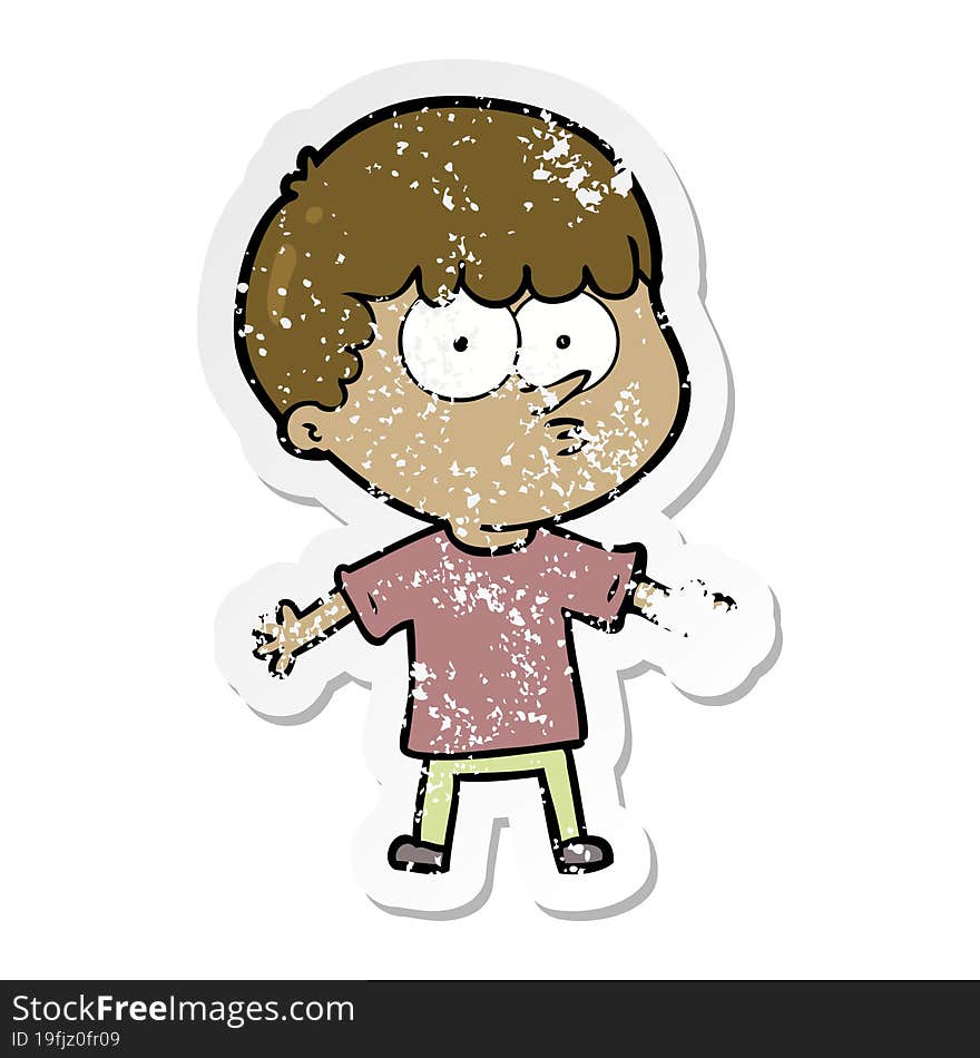 distressed sticker of a cartoon curious boy