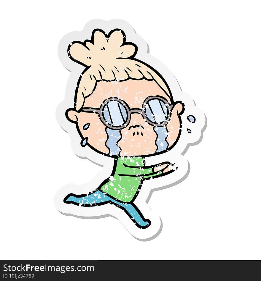 distressed sticker of a cartoon crying woman wearing spectacles