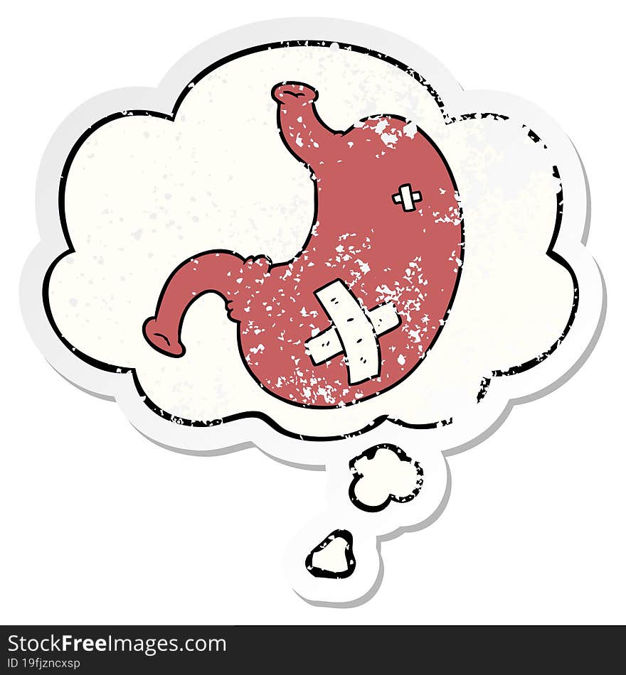 cartoon stomach and thought bubble as a distressed worn sticker