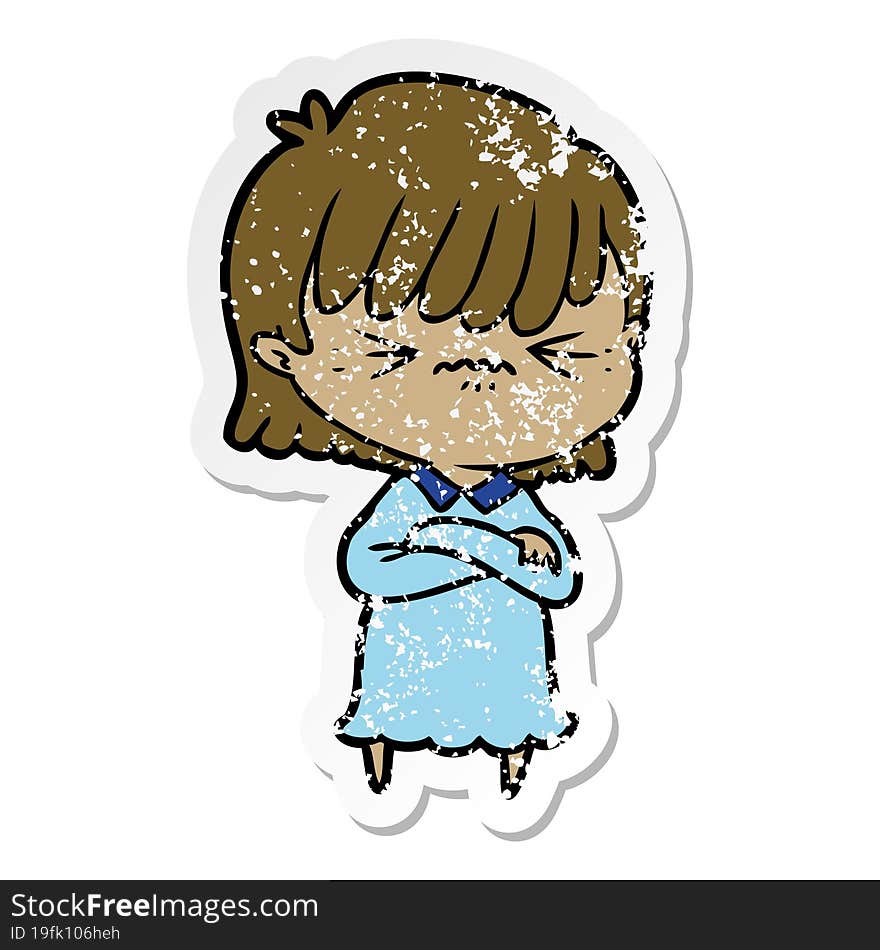 distressed sticker of a annoyed cartoon girl