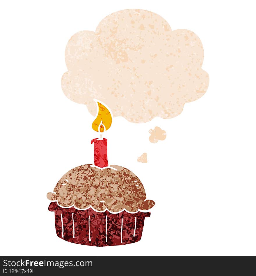 cartoon birthday cupcake and thought bubble in retro textured style