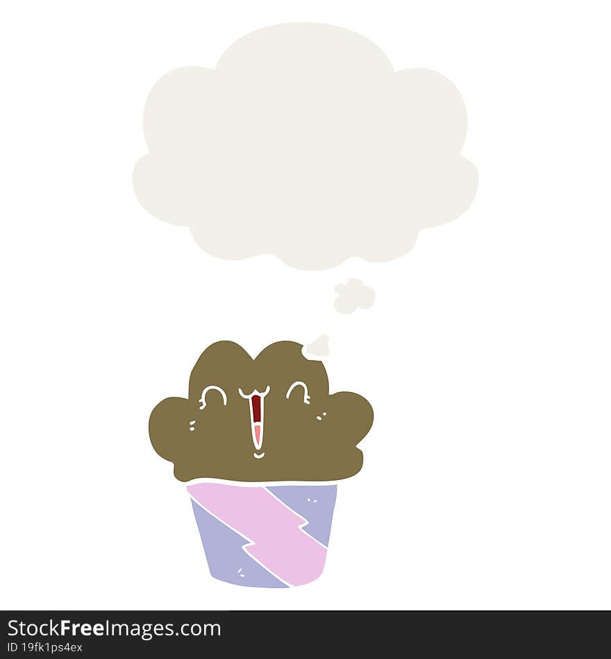 cartoon cupcake with face with thought bubble in retro style