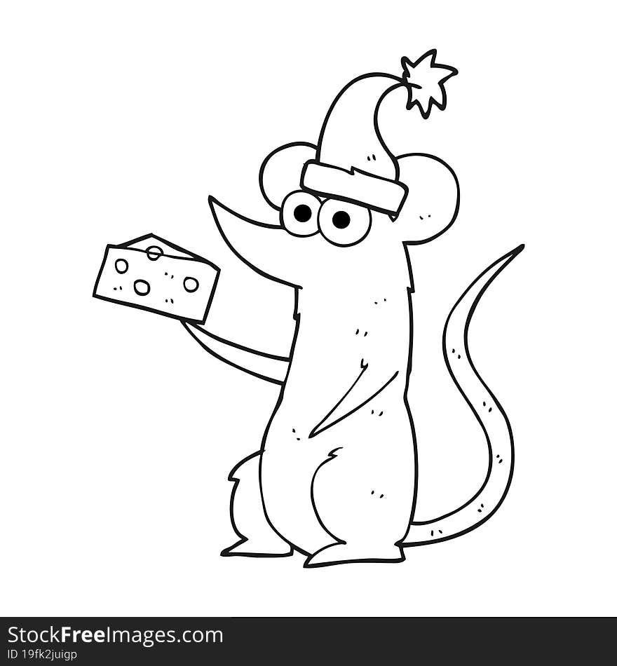 Black And White Cartoon Christmas Mouse With Cheese