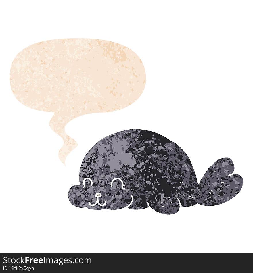 cute cartoon seal and speech bubble in retro textured style