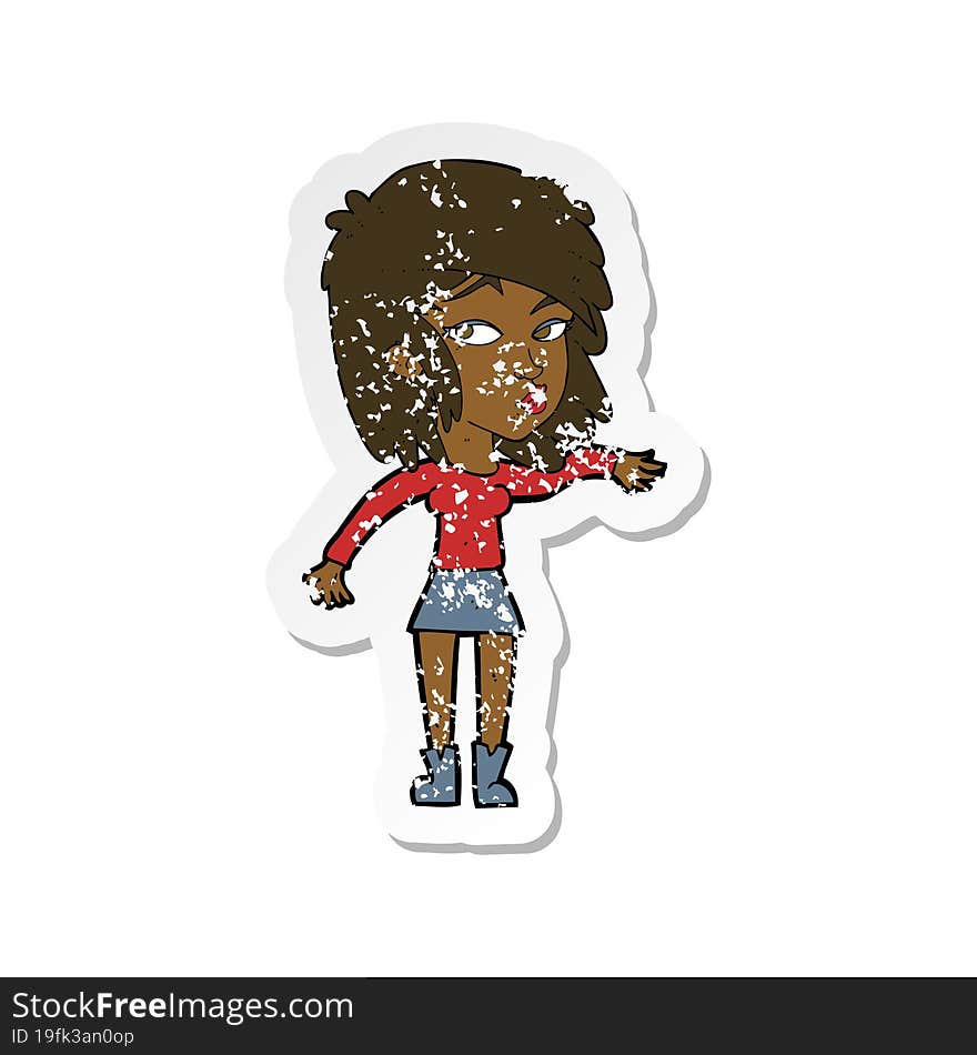 Retro Distressed Sticker Of A Cartoon Woman Playing It Cool