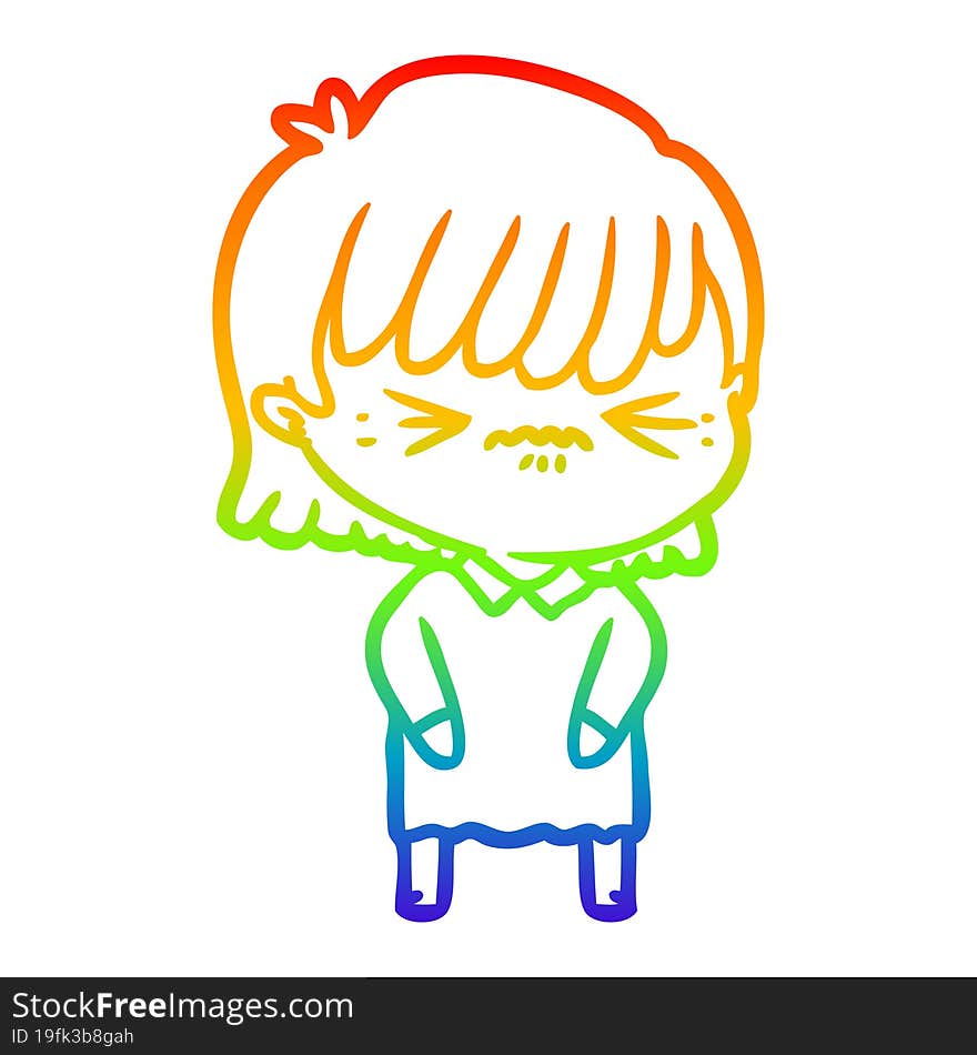 Rainbow Gradient Line Drawing Annoyed Cartoon Girl