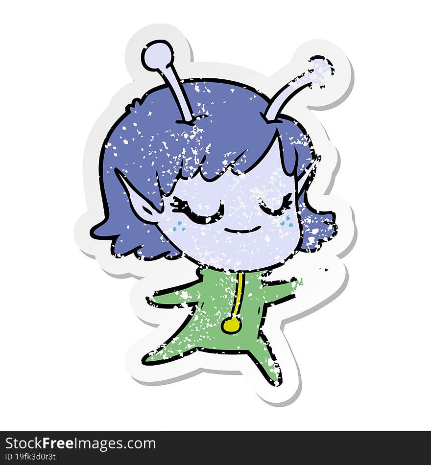 Distressed Sticker Of A Smiling Alien Girl Cartoon