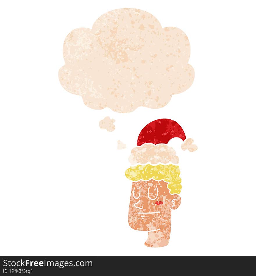 cartoon man wearing christmas hat and thought bubble in retro textured style