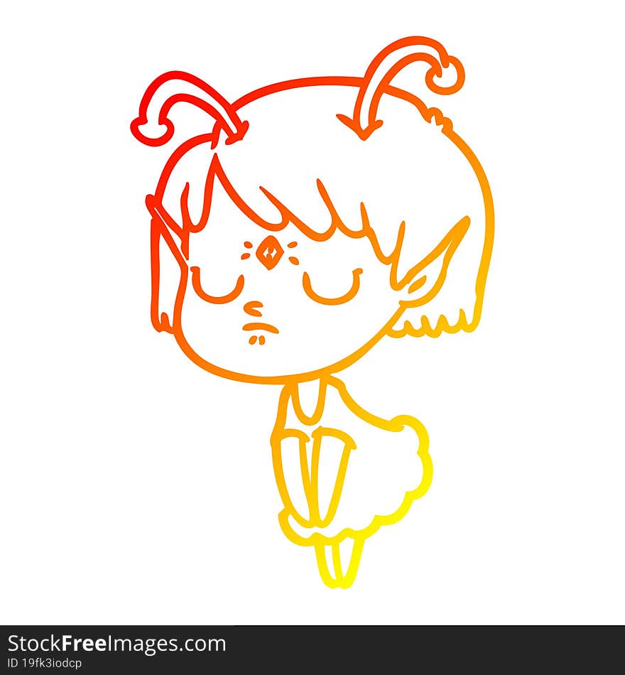 warm gradient line drawing of a cartoon alien girl