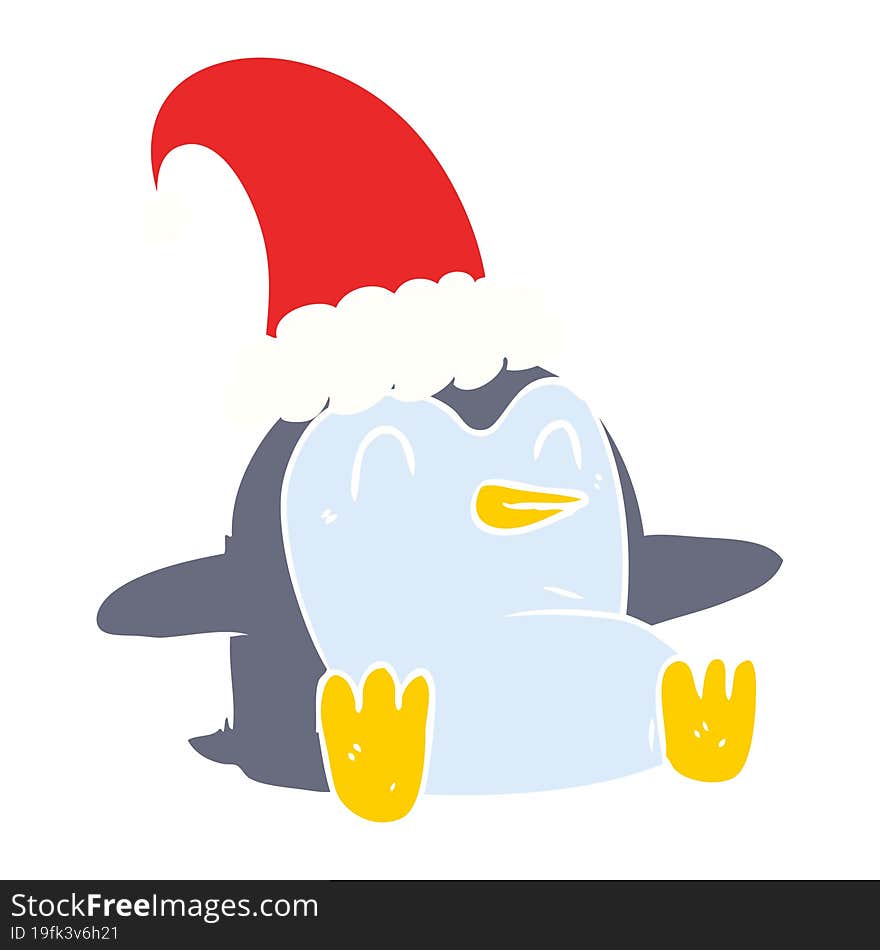 Flat Color Style Cartoon Penguin Wearing Christmas Hat