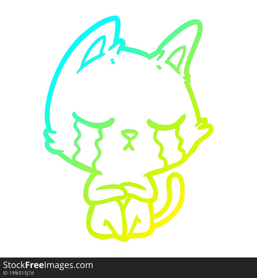 cold gradient line drawing crying cartoon cat sitting