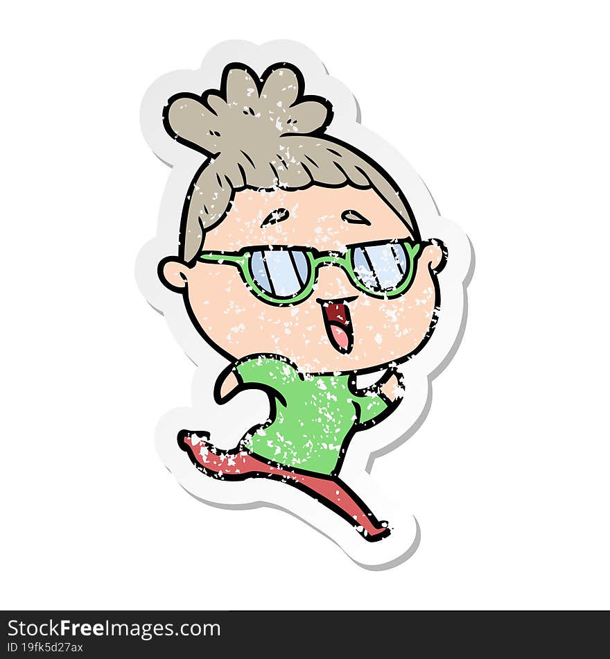 distressed sticker of a cartoon happy woman wearing spectacles