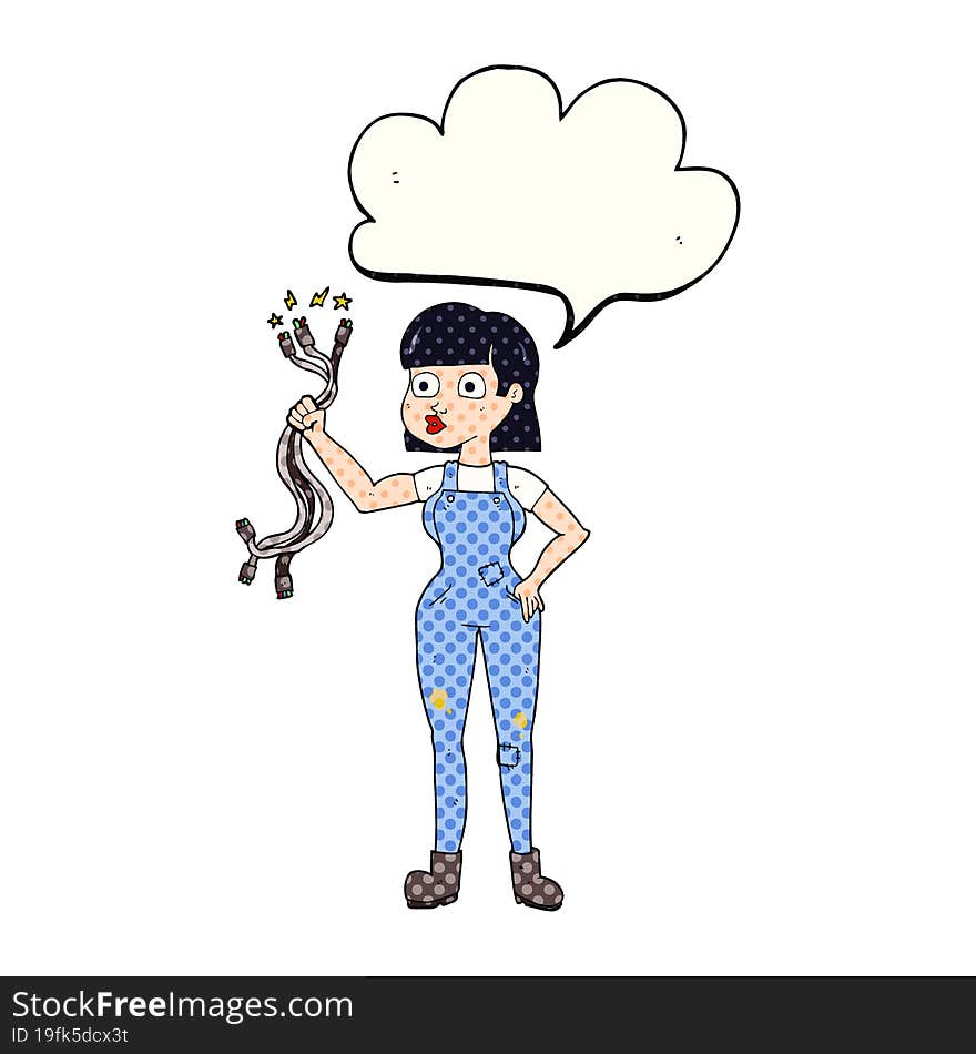 freehand drawn comic book speech bubble cartoon female electrician