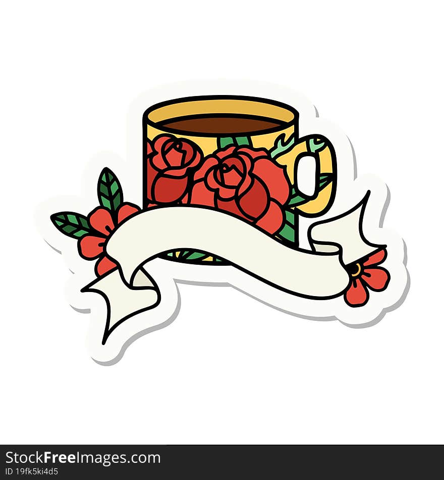 Tattoo Sticker With Banner Of A Cup And Flowers