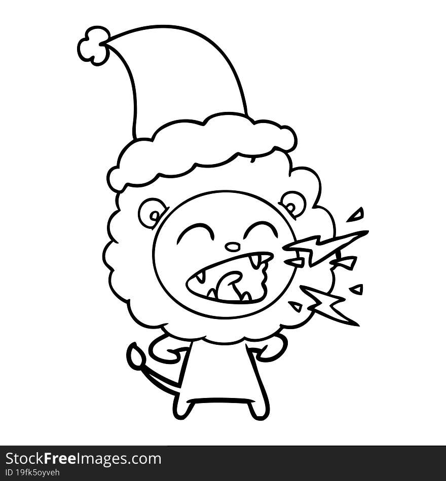 line drawing of a roaring lion wearing santa hat