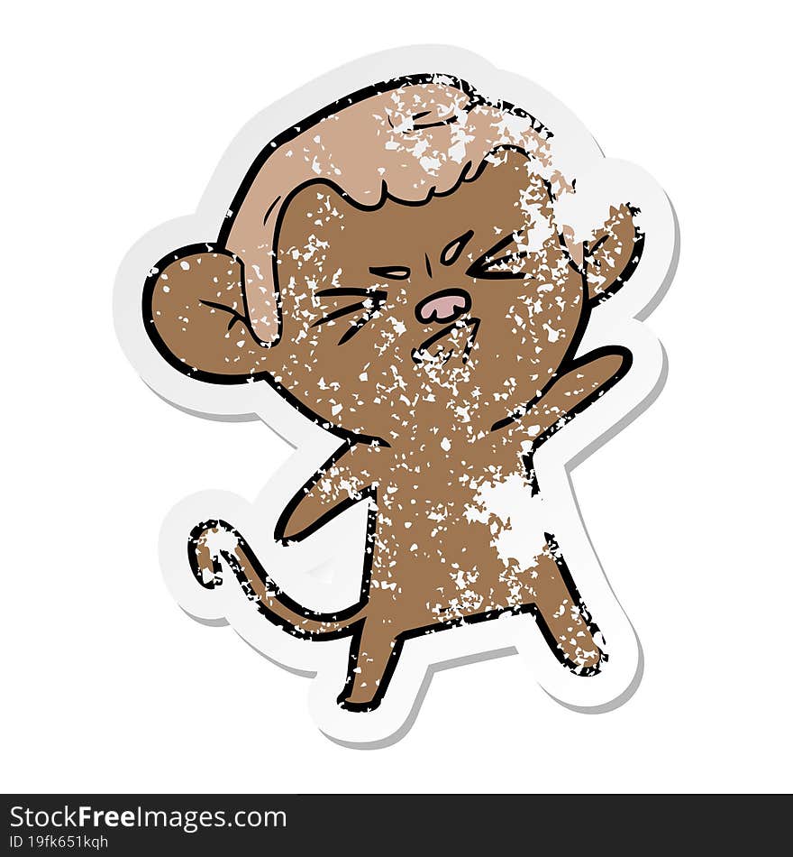 distressed sticker of a cartoon annoyed monkey