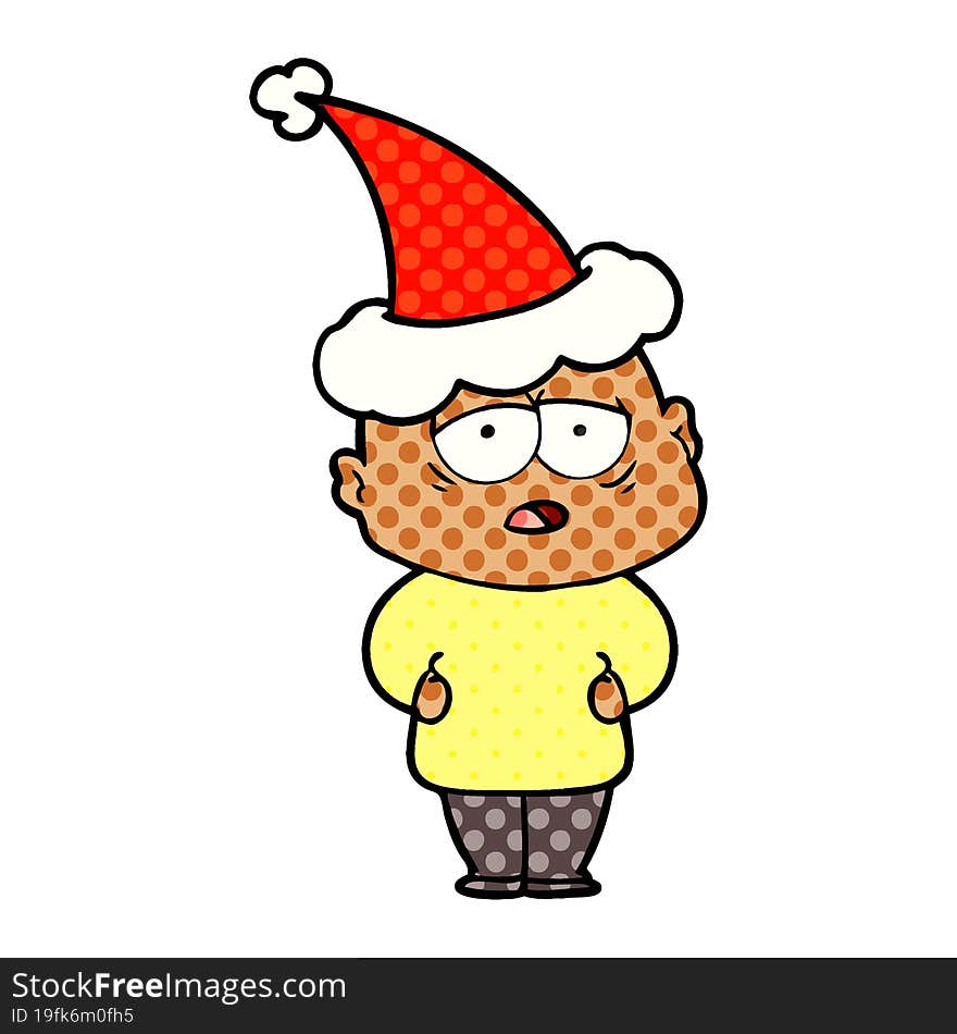 comic book style illustration of a tired bald man wearing santa hat