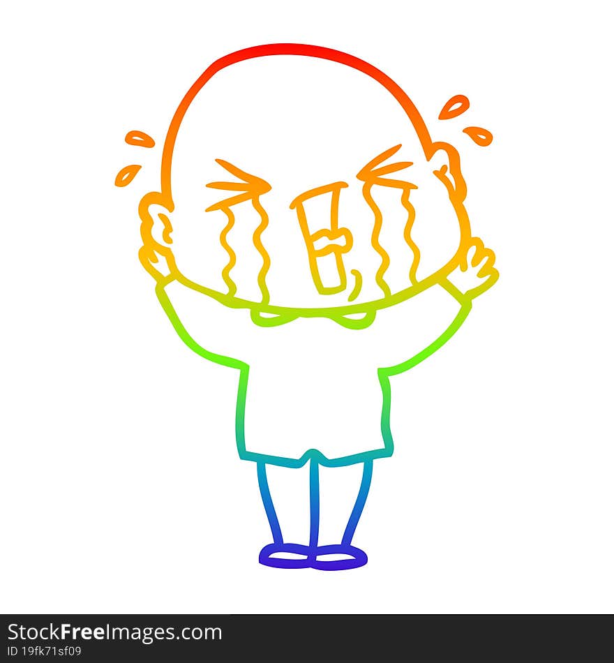 rainbow gradient line drawing cartoon crying bald man