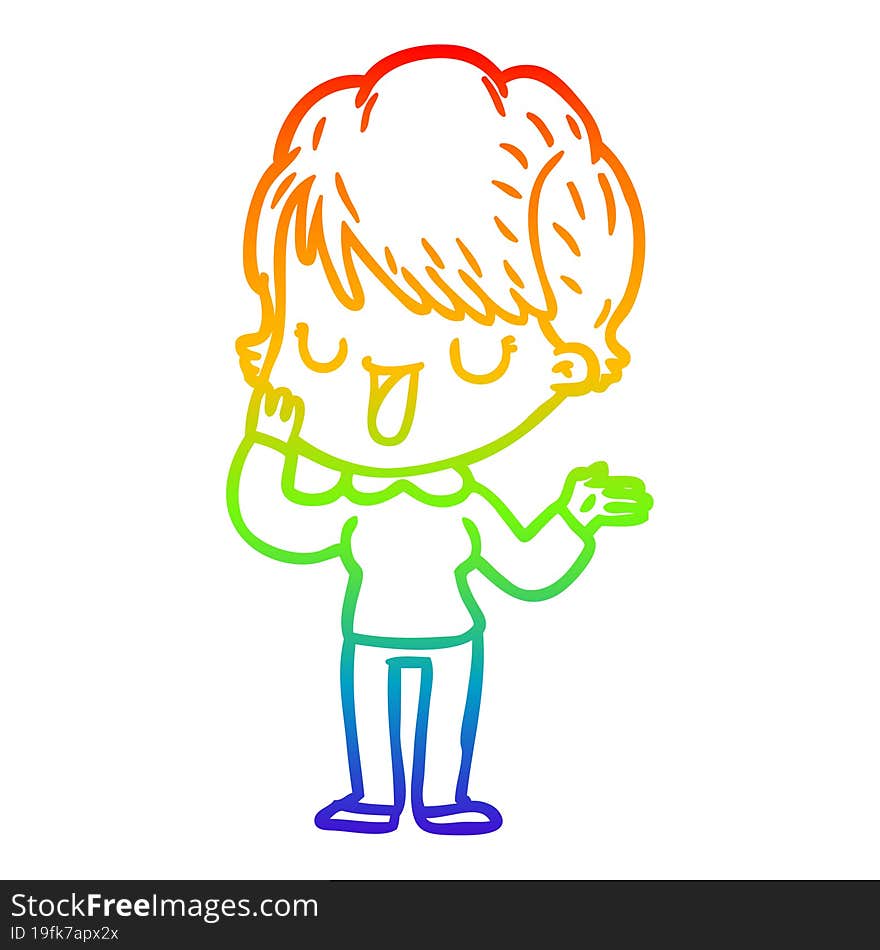 rainbow gradient line drawing of a cartoon woman talking