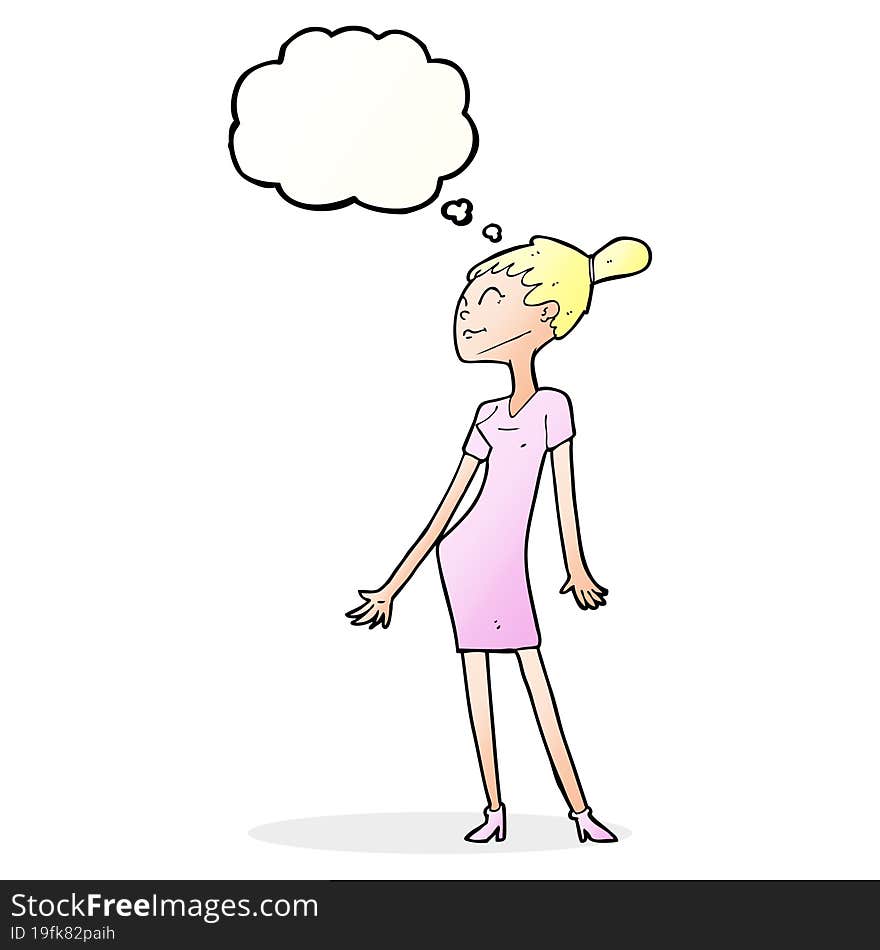 cartoon woman in dress with thought bubble