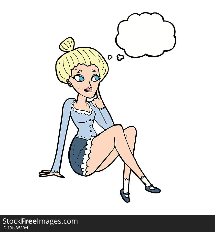 cartoon attractive woman sitting thinking with thought bubble