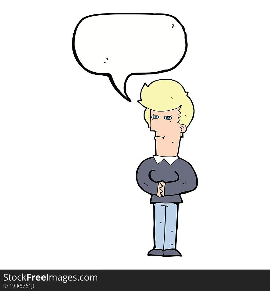 cartoon man narrowing his eyes with speech bubble