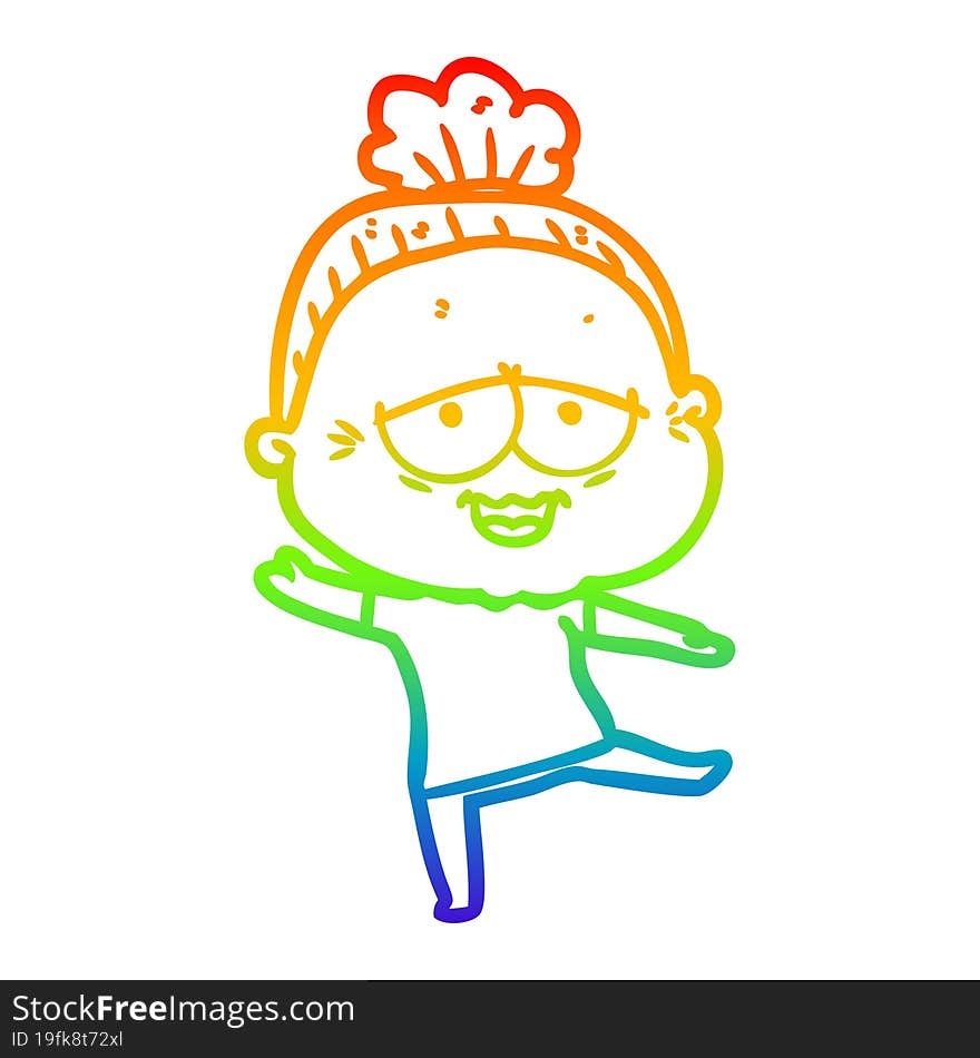 rainbow gradient line drawing of a cartoon happy old lady