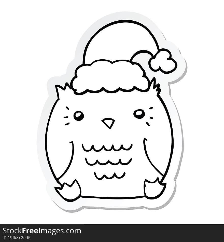 Sticker Of A Cute Cartoon Owl Wearing Christmas Hat