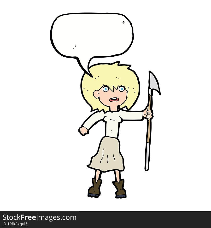 cartoon woman with harpoon with speech bubble