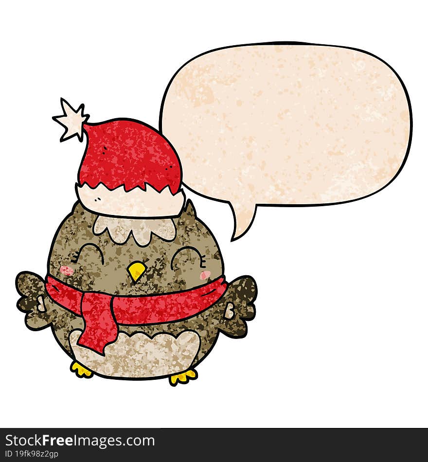 cute christmas owl and speech bubble in retro texture style