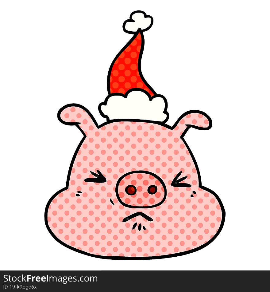 hand drawn comic book style illustration of a angry pig face wearing santa hat