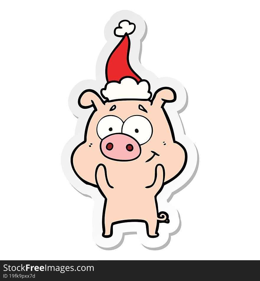 happy sticker cartoon of a pig wearing santa hat