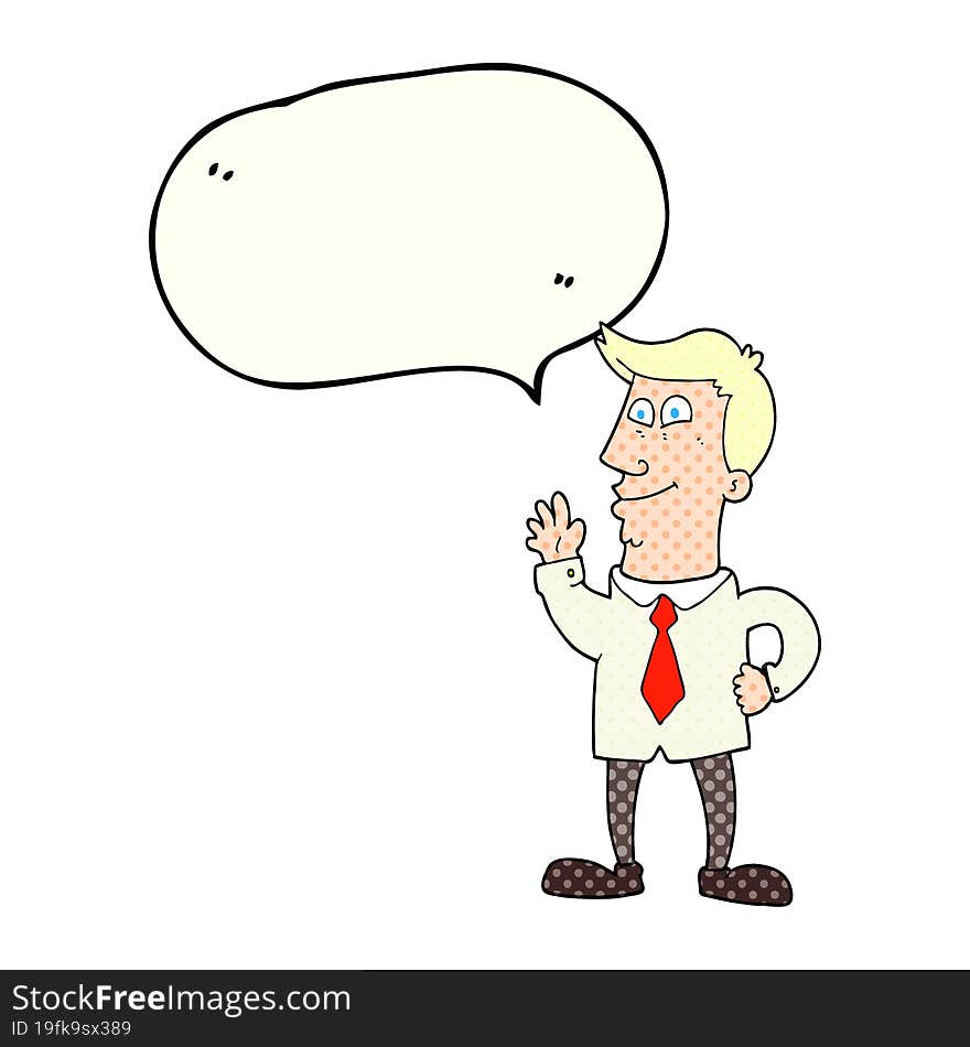 freehand drawn comic book speech bubble cartoon waving man