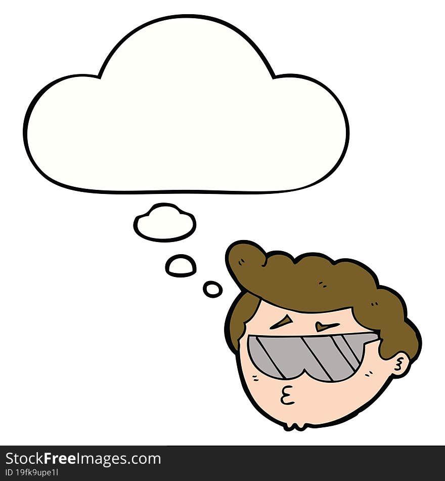 cartoon boy wearing sunglasses with thought bubble