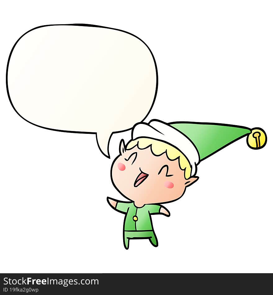 cartoon happy christmas elf and speech bubble in smooth gradient style