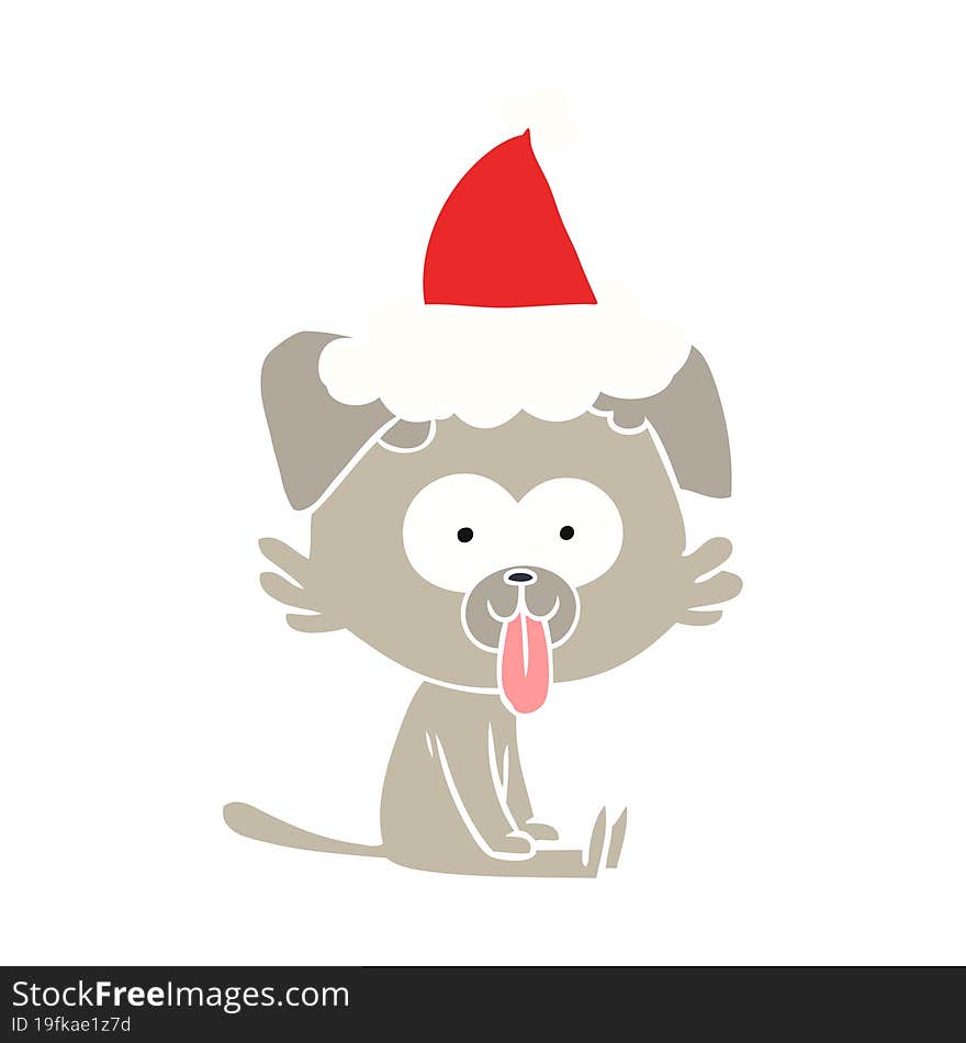 flat color illustration of a sitting dog with tongue sticking out wearing santa hat