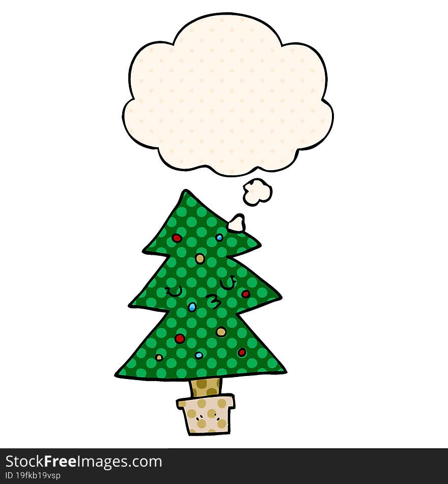 cartoon christmas tree with thought bubble in comic book style